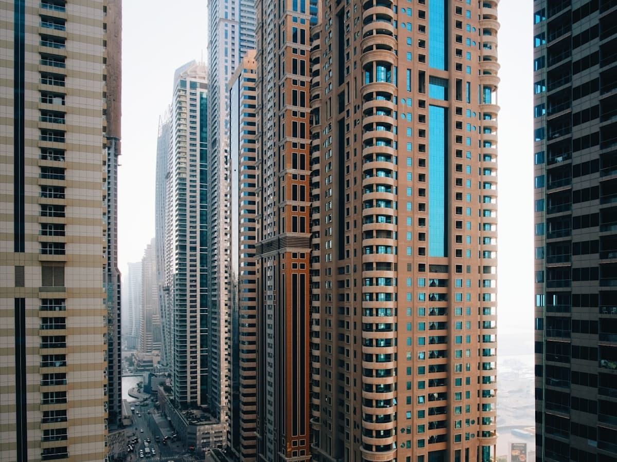 Residential towers seen from above the marina